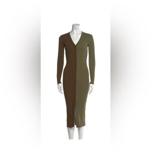 STAUD Two-Tone Olive & Dark Olive Ribbed Long-Sleeve Button Dress